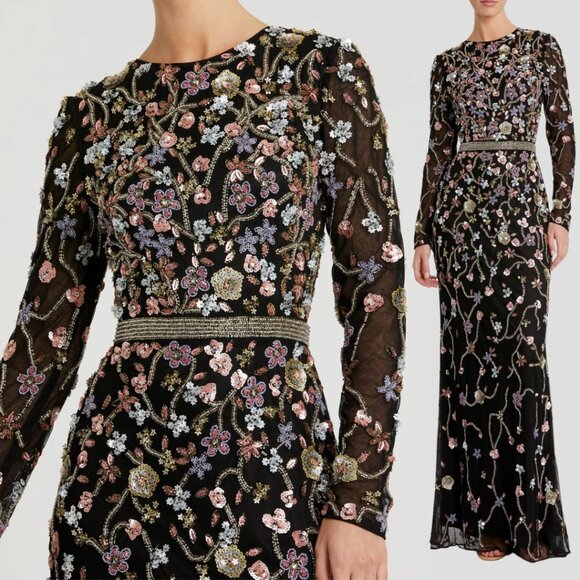 Mac Duggal 6135 Womens Black Floral Long Sleeve Embellished Mesh Gown Maxi Dress - Picture 1 of 14